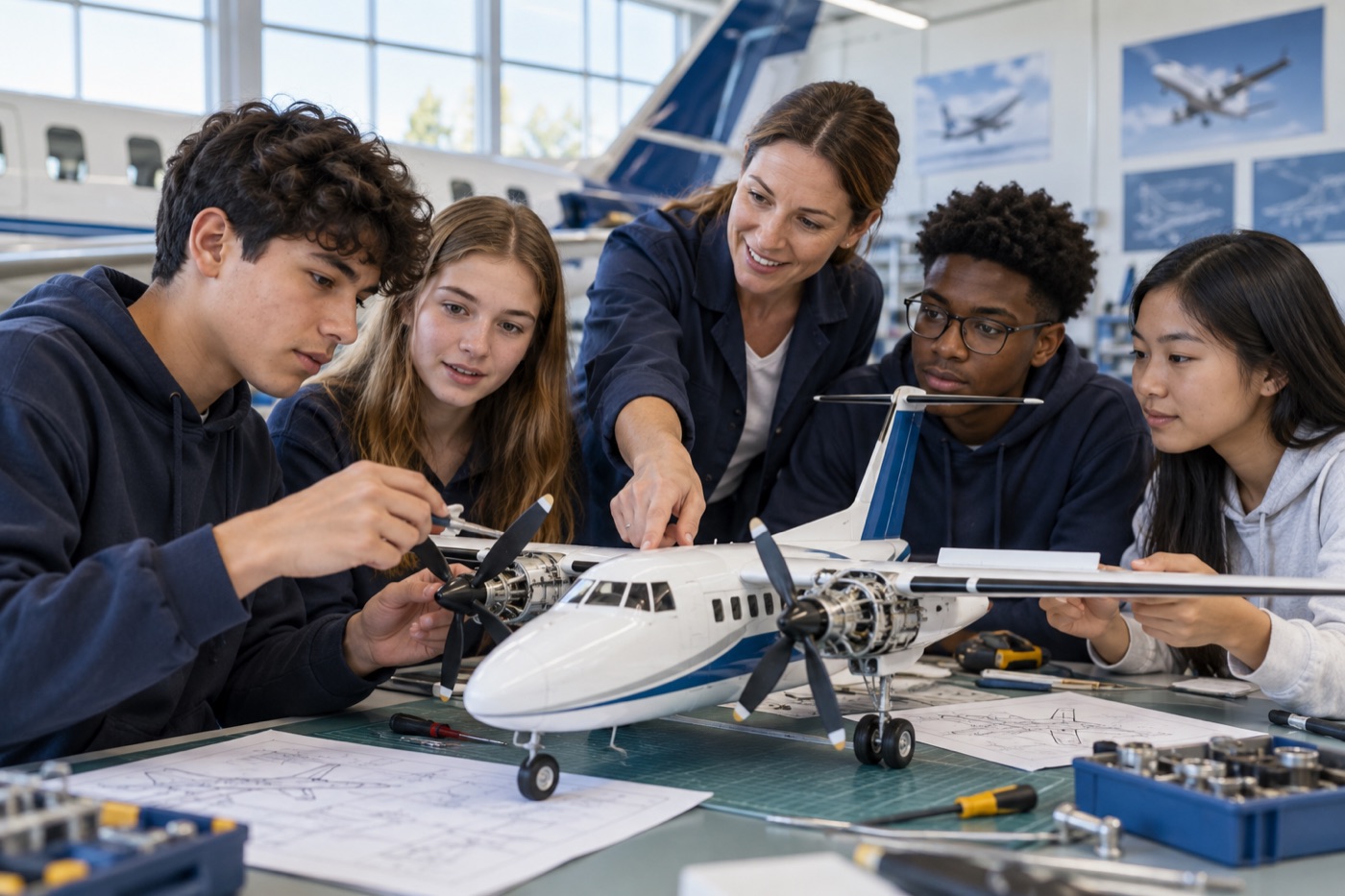 Concept illustration of an educator and learners exploring an aircraft model