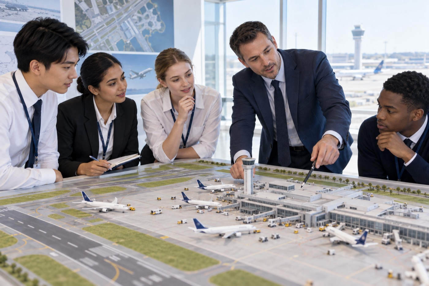 Concept illustration of a group discussing aviation learning around an airport model