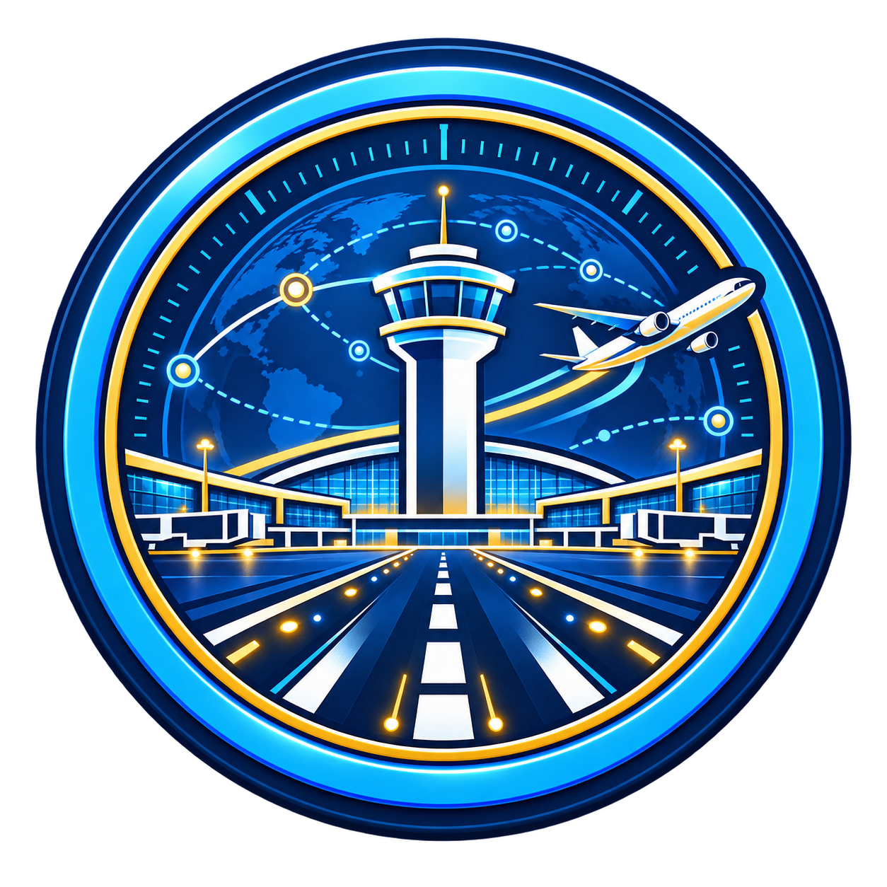Airport Explorer mission patch showing a runway, control tower, terminal, route network, and climbing aircraft