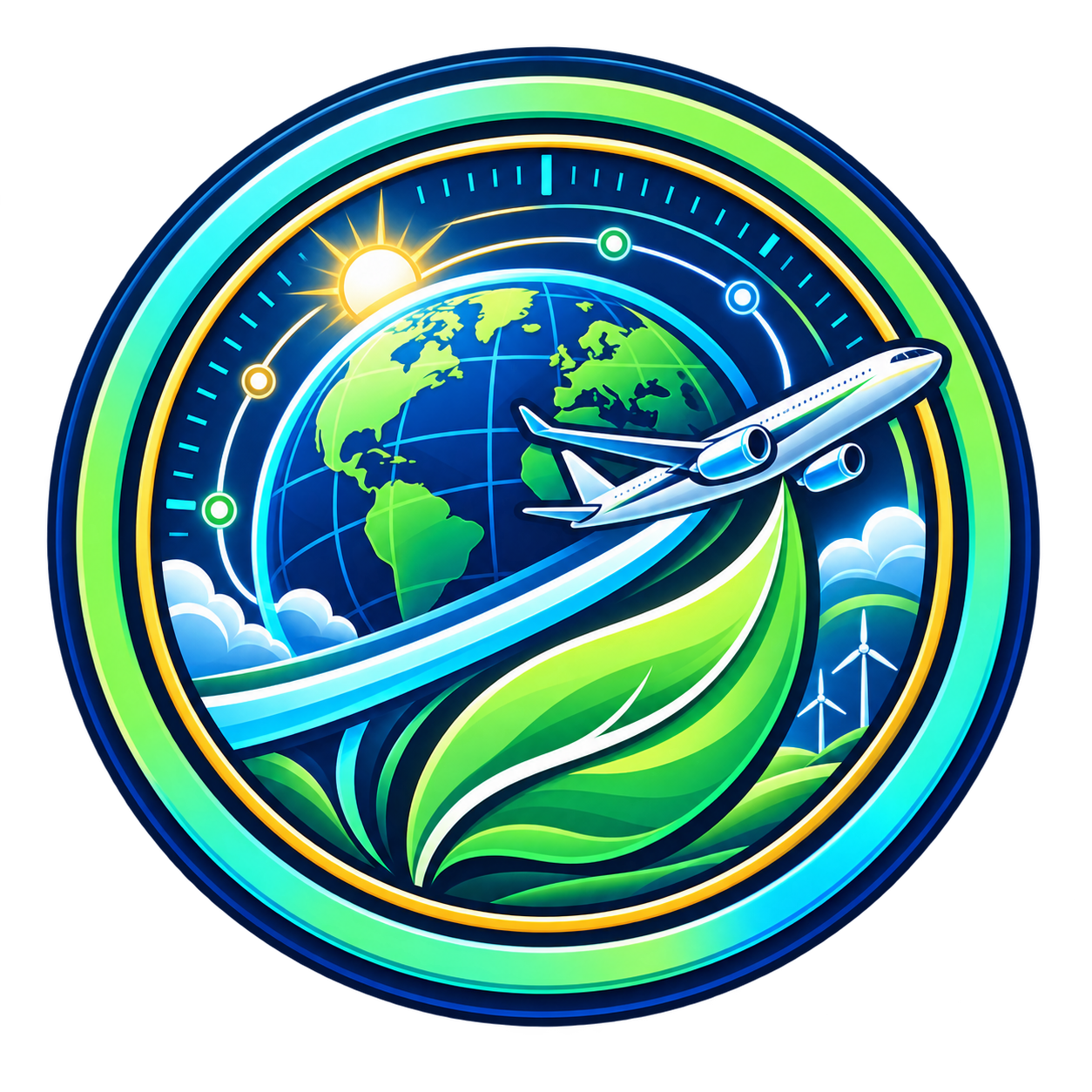 Sustainable Skies mission patch showing an aircraft, globe, leaf, sun, clean route, and wind turbines