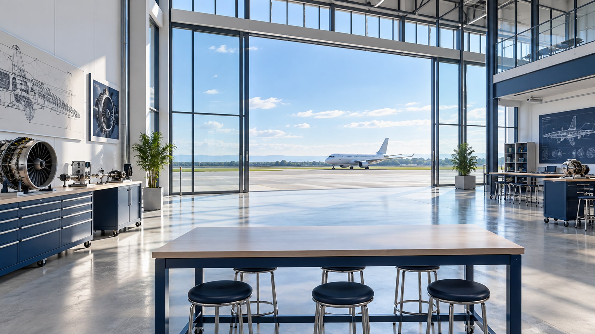 Concept scene of learners and an educator exploring aviation models in a bright aviation learning hangar overlooking an aircraft