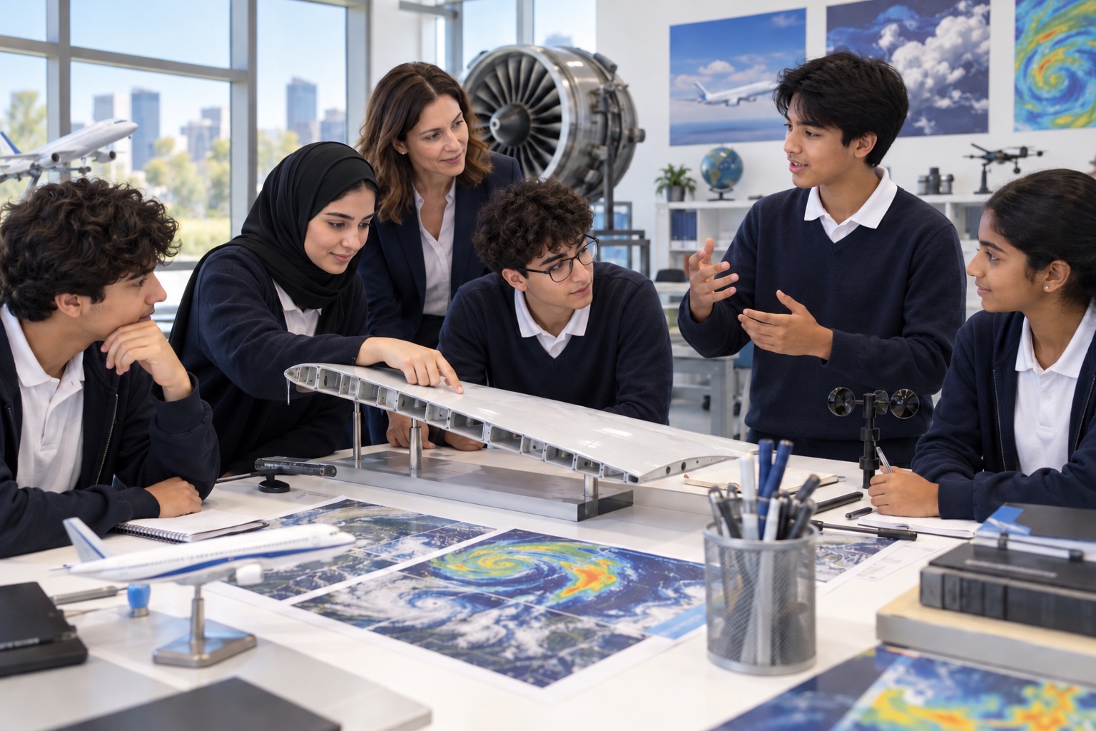 Concept image of secondary-school learners investigating an aircraft model and weather materials