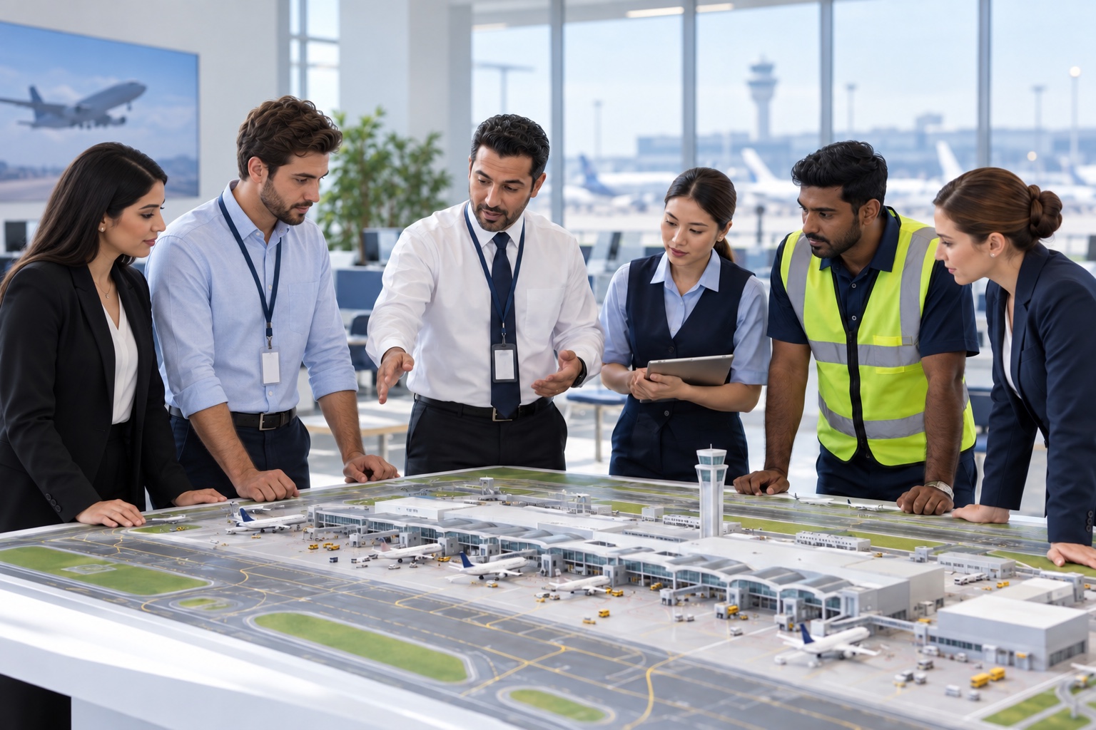 Concept image of adult aviation workforce learners studying a physical airfield operations model