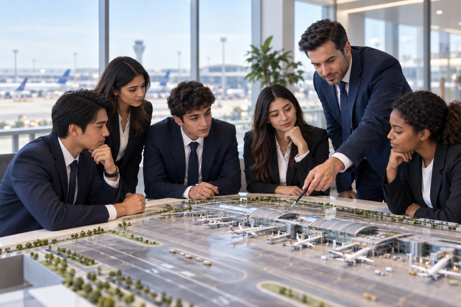 Concept image of emerging aviation professionals discussing an airport model with a mentor